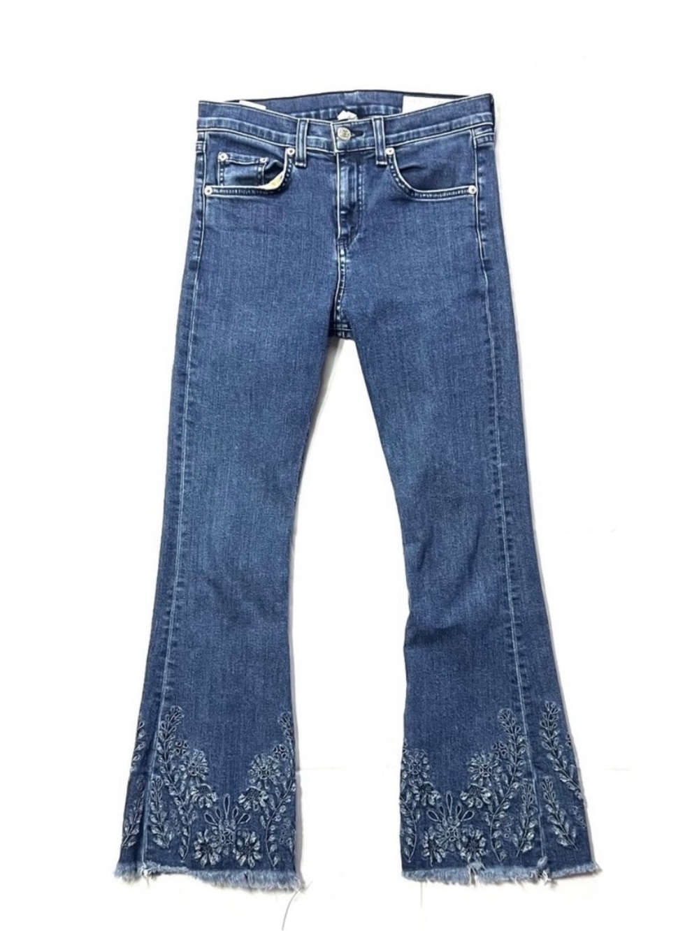 rag & bone 10 inch Crop Flare Embroidered Blue Jeans